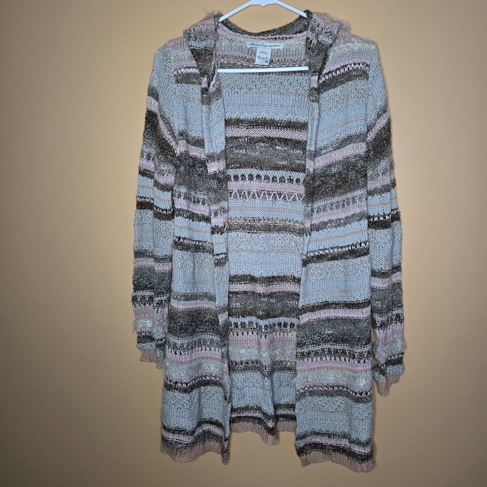 American Rag Striped Hooded Loose Knit Open Cardigan PTP= 16.75"